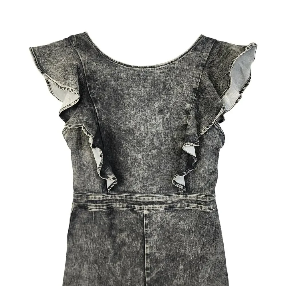Vici Womens Jonesy Flared Leg Denim Jumpsuit Size Medium Black Acid Wash Ruffle - Picture 3 of 14